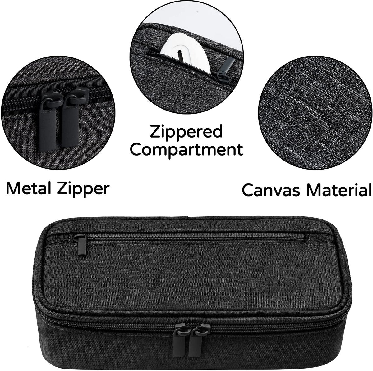 Pencil case - Highlighter case - Canvas pencil case 23x11x6.5 cm with zipper - Pencil case for boys and girls - School supplies - Black - Image 2