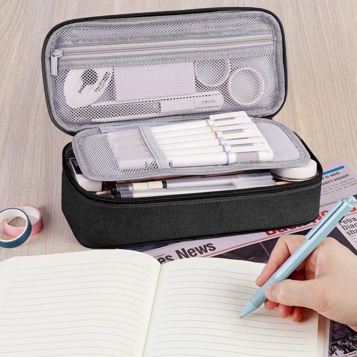 Pencil case - Highlighter case - Canvas pencil case 23x11x6.5 cm with zipper - Pencil case for boys and girls - School supplies - Black - Image 6