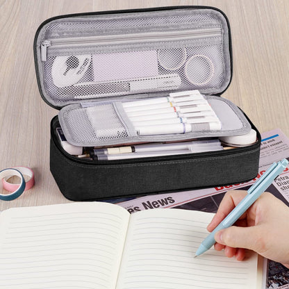 Pencil case - Highlighter case - Canvas pencil case 23x11x6.5 cm with zipper - Pencil case for boys and girls - School supplies - Black - Image 6