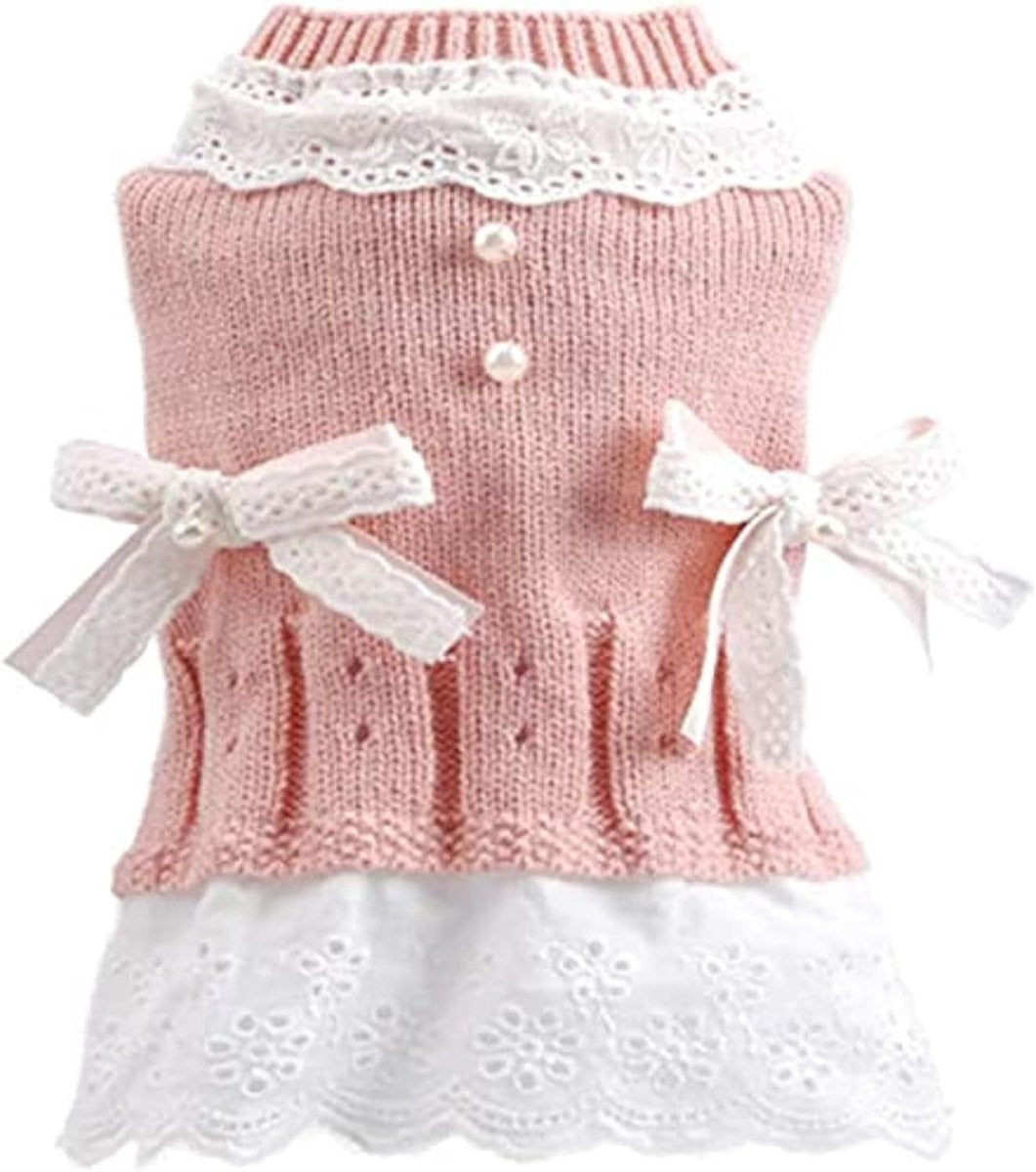 Dog Coat - Dog Sweater - Sweater Dress for Small Dogs - Female Dress with Bow - Pink and Blue Warm for Winter - Princess Lace - Birthdays - Valentine's Day - Pink Medium - Christmas Decorations - Christmas - Size L