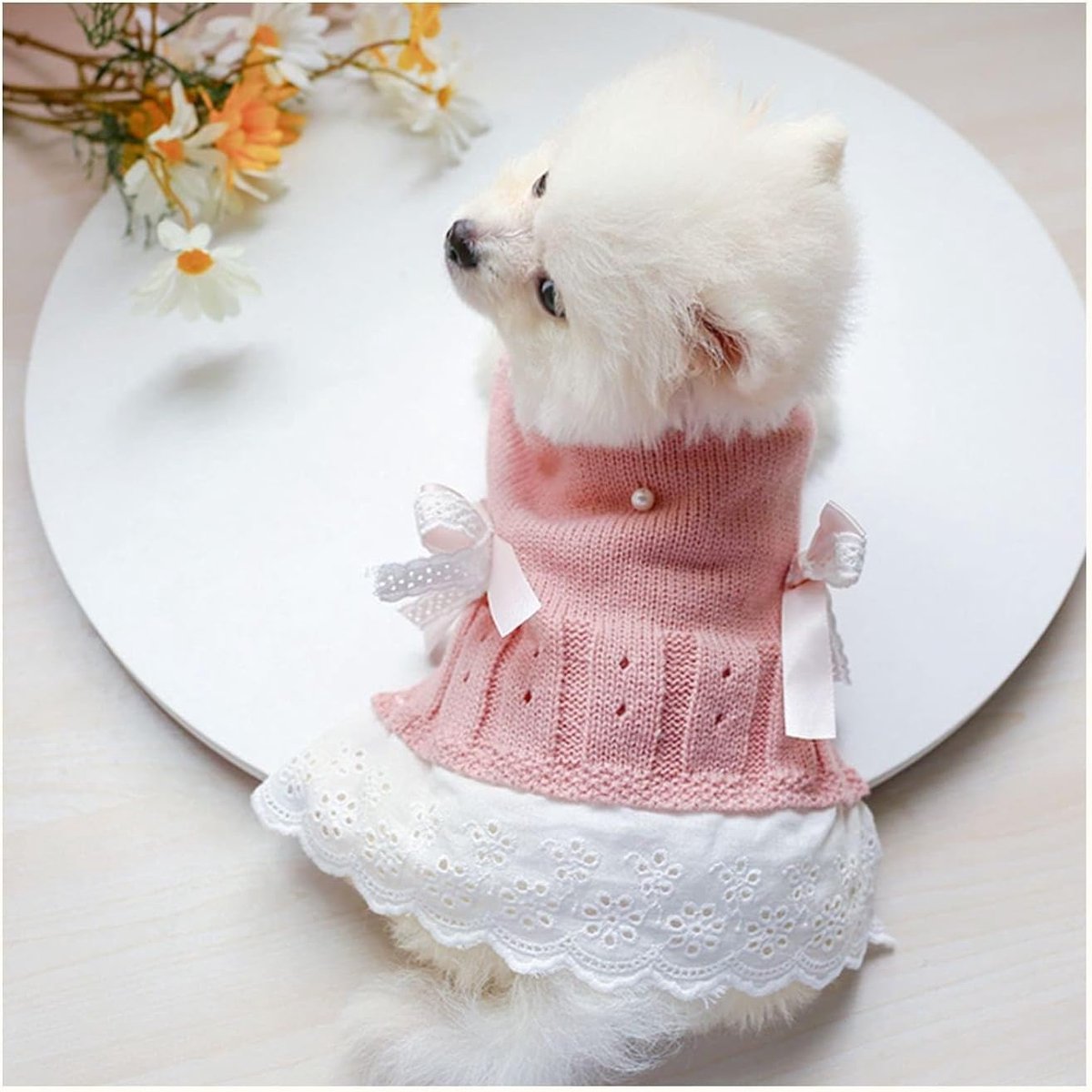Dog Coat - Dog Sweater - Sweater Dress for Small Dogs - Female Dress with Bow - Pink and Blue Warm for Winter - Princess Lace - Birthdays - Valentine's Day - Pink Medium - Christmas Decorations - Christmas - Size L - Image 2