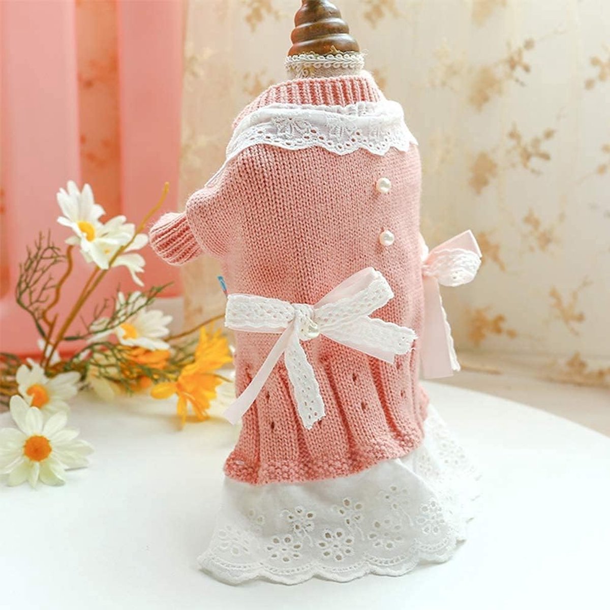 Dog Coat - Dog Sweater - Sweater Dress for Small Dogs - Female Dress with Bow - Pink and Blue Warm for Winter - Princess Lace - Birthdays - Valentine's Day - Pink Medium - Christmas Decorations - Christmas - Size L - Image 5