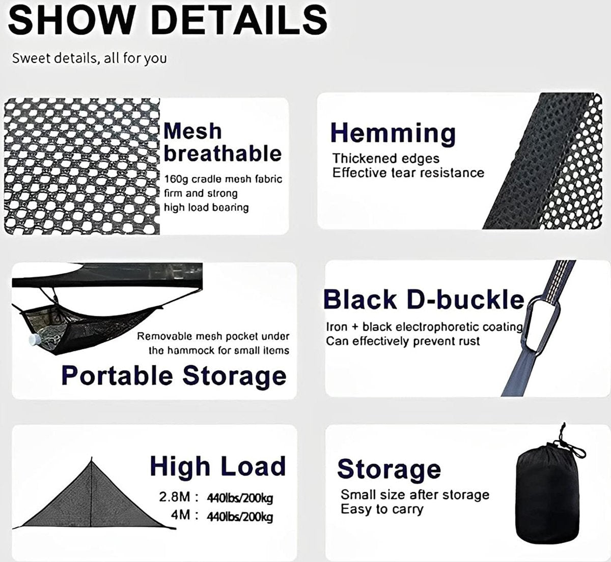 Portable triangular hammock for multiple people, outdoor camping aerial hammock, 3-point design for 2-3 people for travel, garden, camping, black, 400 x 400 x 400 cm - Image 4