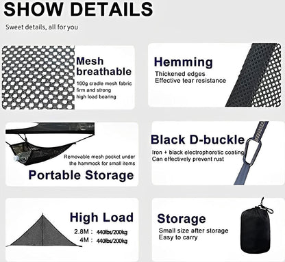Portable triangular hammock for multiple people, outdoor camping aerial hammock, 3-point design for 2-3 people for travel, garden, camping, black, 400 x 400 x 400 cm - Image 4
