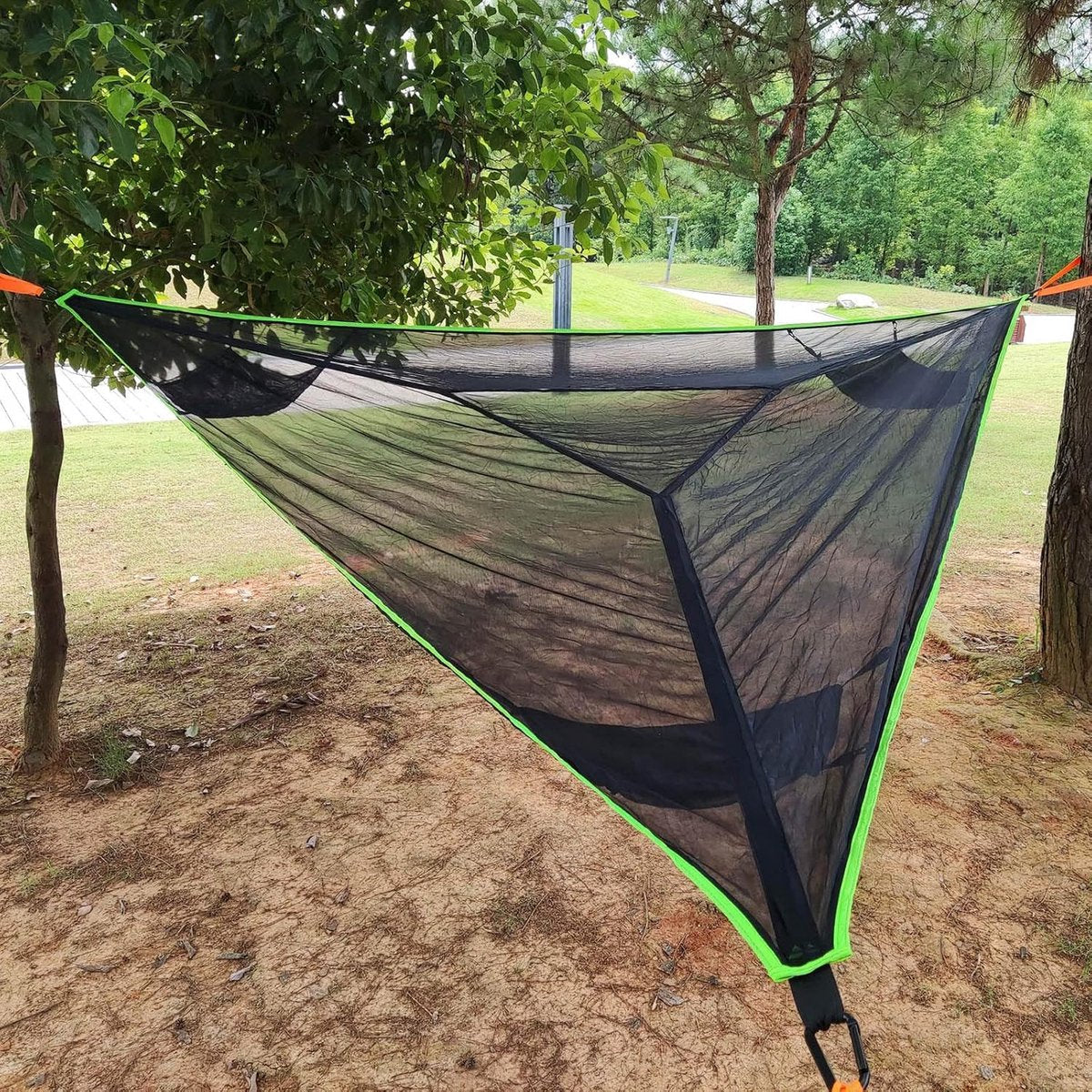 Portable triangular hammock for multiple people, outdoor camping aerial hammock, 3-point design for 2-3 people for travel, garden, camping, black, 400 x 400 x 400 cm - Image 6