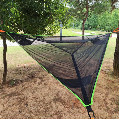Portable triangular hammock for multiple people, outdoor camping aerial hammock, 3-point design for 2-3 people for travel, garden, camping, black, 400 x 400 x 400 cm - Image 6