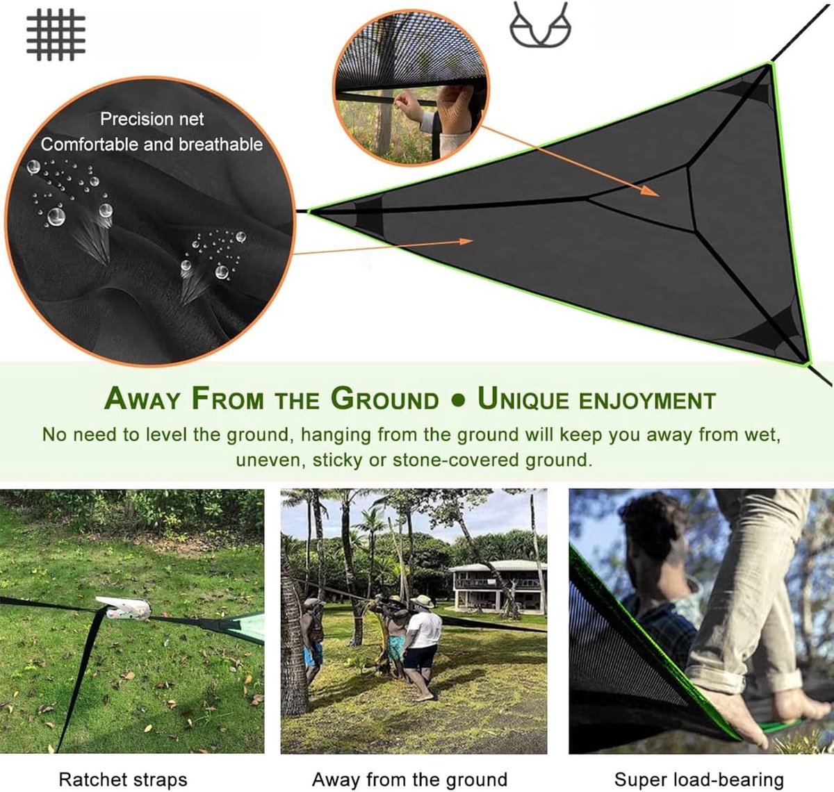 Portable triangular hammock for multiple people, outdoor camping aerial hammock, 3-point design for 2-3 people for travel, garden, camping, black, 400 x 400 x 400 cm - Image 7