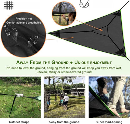 Portable triangular hammock for multiple people, outdoor camping aerial hammock, 3-point design for 2-3 people for travel, garden, camping, black, 400 x 400 x 400 cm - Image 7