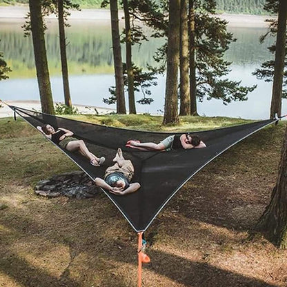 Portable triangular hammock for multiple people, outdoor camping aerial hammock, 3-point design for 2-3 people for travel, garden, camping, black, 400 x 400 x 400 cm - Image 8