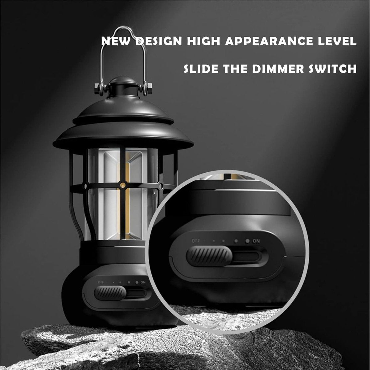 Rechargeable Camping Lantern – Retro Camping Lamp – Dimmable COB Hanging Light for Tent, Camping, Fishing, Hiking, etc. – Black - Image 4