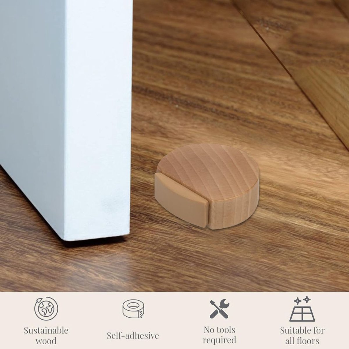 Round wooden doorstop, shockproof and anti-slip, set of 6, 4.5 x 4.2 x 1.6 cm, for floor and parquet, light brown, 45 x 42 x 16 mm. - Image 6