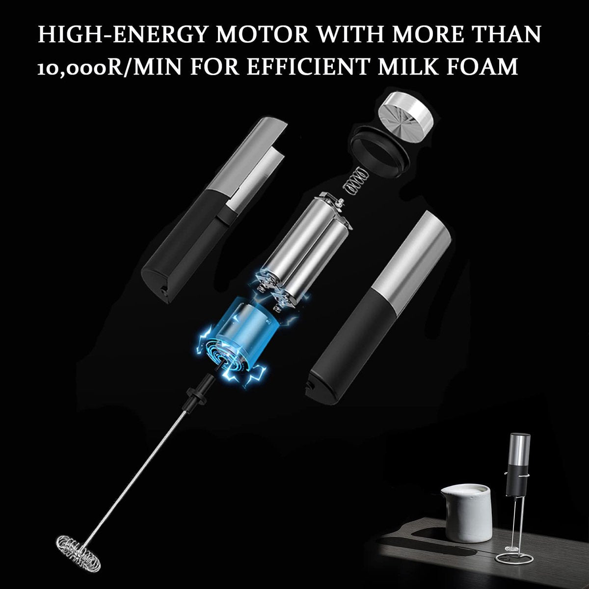 Electric milk frother - Manual milk frother - Mini milk mixer - With stand - No plug - Convenient for camping - Black - Image 4