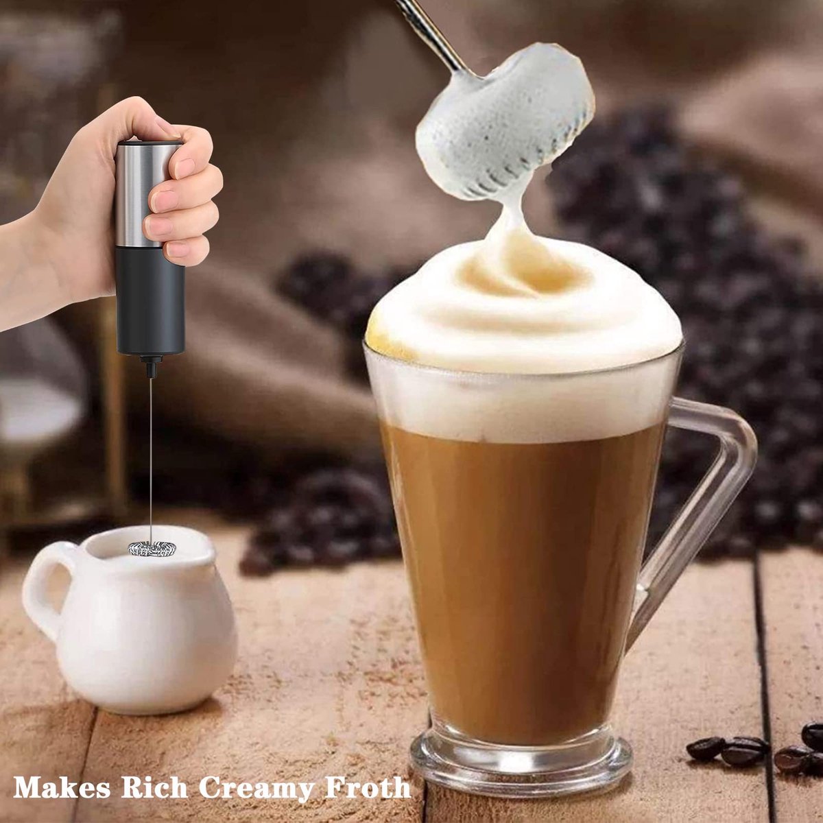 Electric milk frother - Manual milk frother - Mini milk mixer - With stand - No plug - Convenient for camping - Black - Image 5