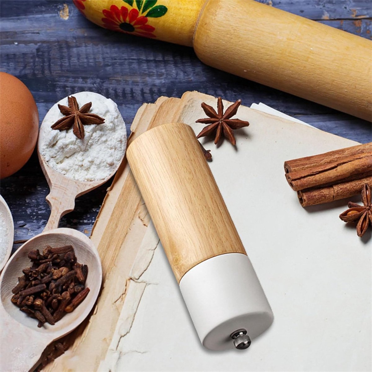 Wooden Salt and Pepper Mill - Premium Quality Salt and Spice Mill - Wooden Salt Mill with Adjustable Ceramic Core - Manual, Refillable Salt and Pepper Mill for Spices/Sea Salt/Chili/Pepper (White) - Image 2