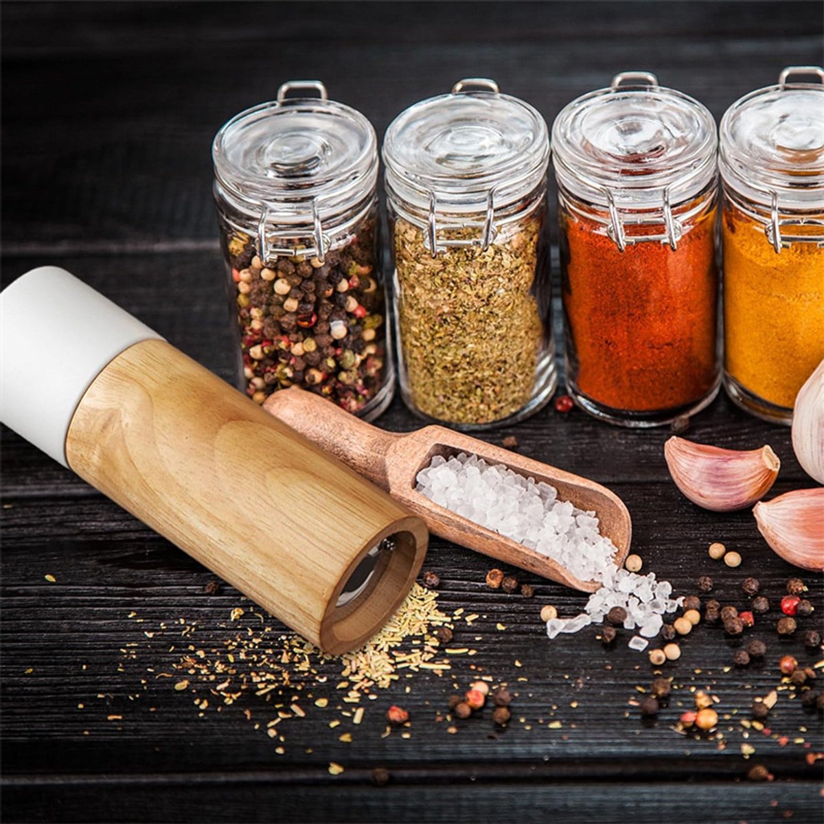 Wooden Salt and Pepper Mill - Premium Quality Salt and Spice Mill - Wooden Salt Mill with Adjustable Ceramic Core - Manual, Refillable Salt and Pepper Mill for Spices/Sea Salt/Chili/Pepper (White) - Image 3