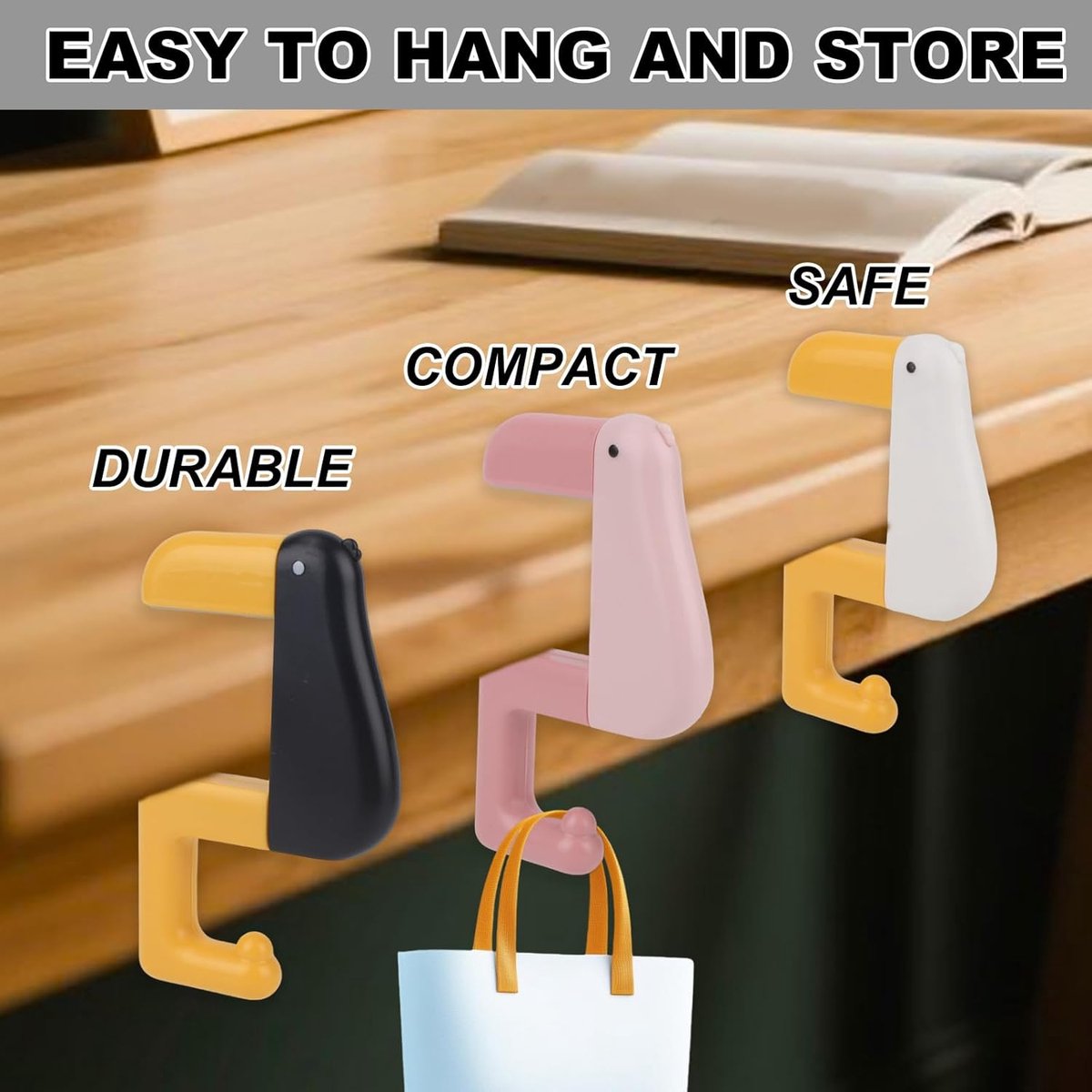 Table Hook - Desk Hook - Removable - Non-slip - Foldable - Desktop Installation - No Drilling Required - Suitable for Office, School, Office Organization, and Business Operations - 3 Pieces - Pink, White, Black - Image 5