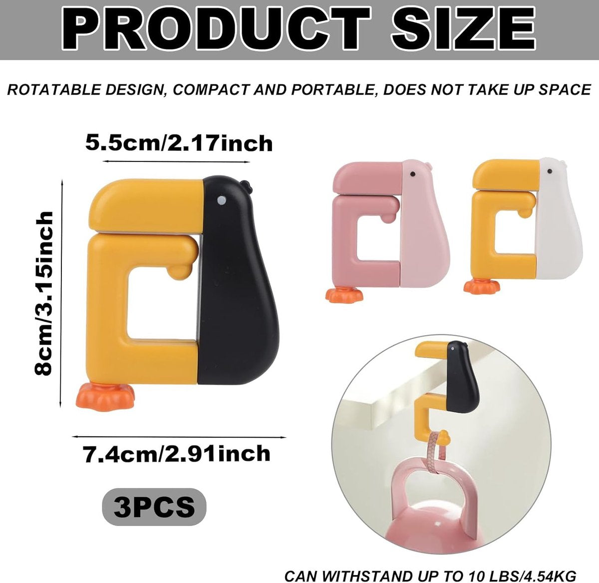Table Hook - Desk Hook - Removable - Non-slip - Foldable - Desktop Installation - No Drilling Required - Suitable for Office, School, Office Organization, and Business Operations - 3 Pieces - Pink, White, Black - Image 8