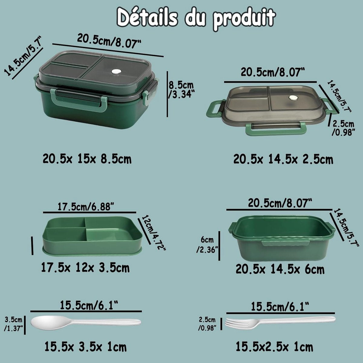 Lunch box - Adult lunch box - Salad lunch box - Compartmentalized lunch box - Integrated 2-layer lunch box - Leakproof lunch box - With cutlery - For work - School - Picnic (vegetables) - Image 4