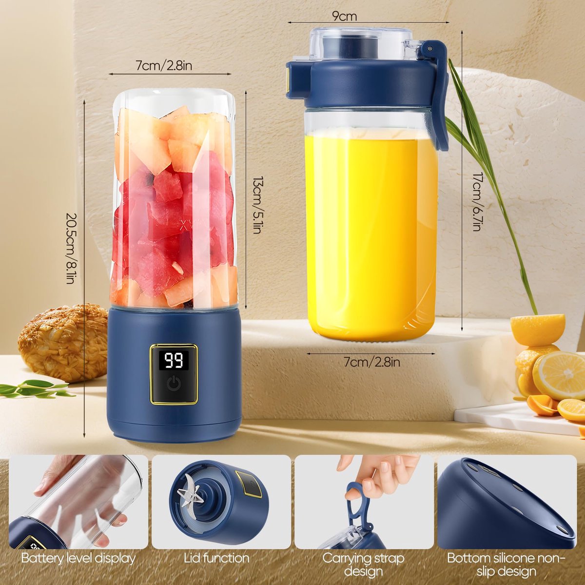 Portable Blender - Mini Blender - 12 Blades - Portable - On-the-Go Blender - Mini Juicer - Smoothie Maker - Perfect for Smoothies, Juices, and Baby Food - Dark Blue - Image 3