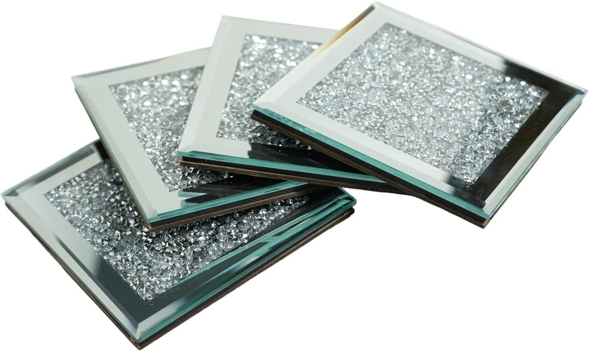 Set of 4 Mirror Effect Coasters – Crushed Diamond Coasters – Table Decor – With cut diamond crystal and mirror (square), for restaurant tables, kitchens, bars, restaurants