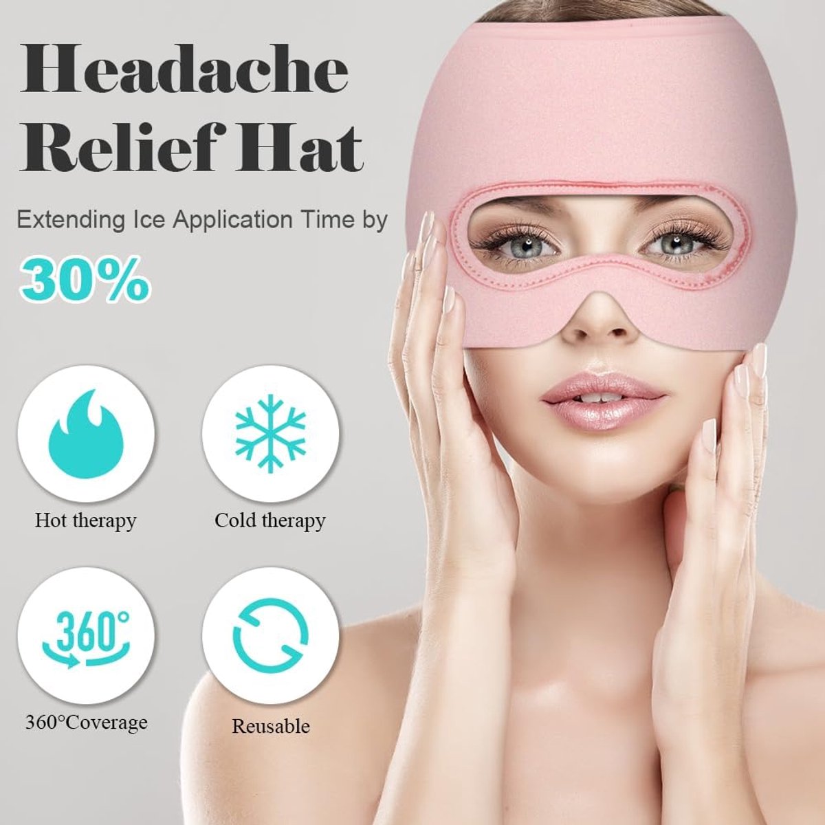 Migraine Relief Hat - Eye Mask - Cooling Eye Mask - Headache Relief - Hot & Cold Pack - 3-in-1 Pain Relief Mask - with Removable Eye Mask - Reusable - Migraine Relief Hat - Pink - Image 5