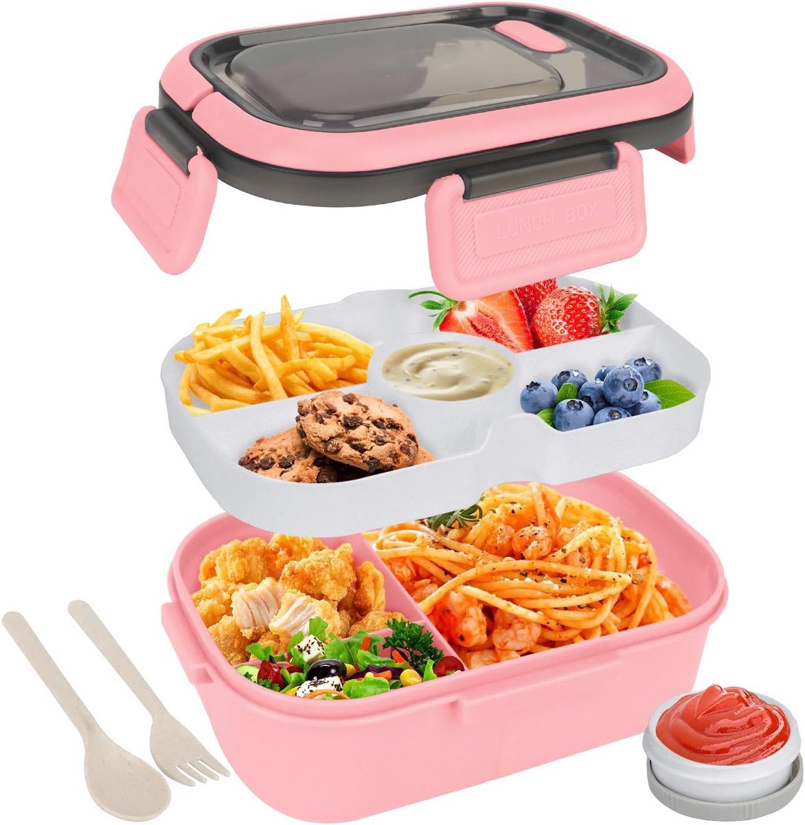 Lunch boxes - Lunch boxes - Adult lunch boxes - Children's lunch boxes - Lunch box with compartments and cutlery - Airtight - 1200 ml - Microwave safe - Ideal for salads - For children and adults - Picnic (pink)
