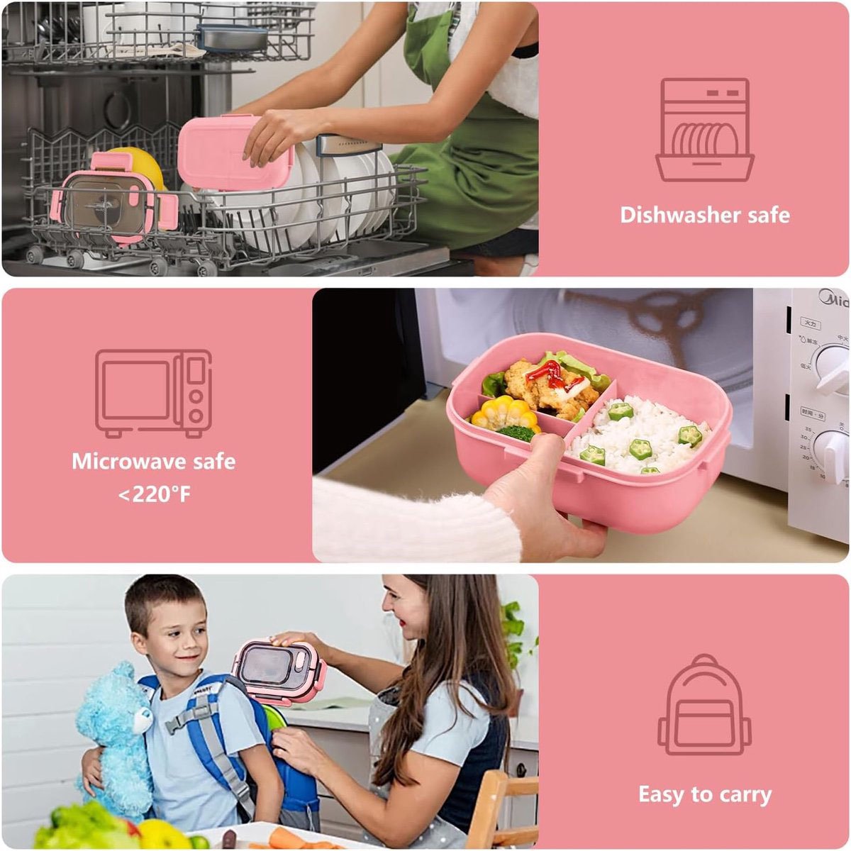 Lunch boxes - Lunch boxes - Adult lunch boxes - Children's lunch boxes - Lunch box with compartments and cutlery - Airtight - 1200 ml - Microwave safe - Ideal for salads - For children and adults - Picnic (pink) - Image 2