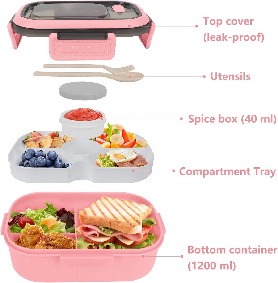 Lunch boxes - Lunch boxes - Adult lunch boxes - Children's lunch boxes - Lunch box with compartments and cutlery - Airtight - 1200 ml - Microwave safe - Ideal for salads - For children and adults - Picnic (pink) - Image 3