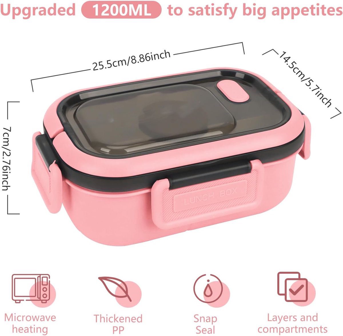 Lunch boxes - Lunch boxes - Adult lunch boxes - Children's lunch boxes - Lunch box with compartments and cutlery - Airtight - 1200 ml - Microwave safe - Ideal for salads - For children and adults - Picnic (pink) - Image 4