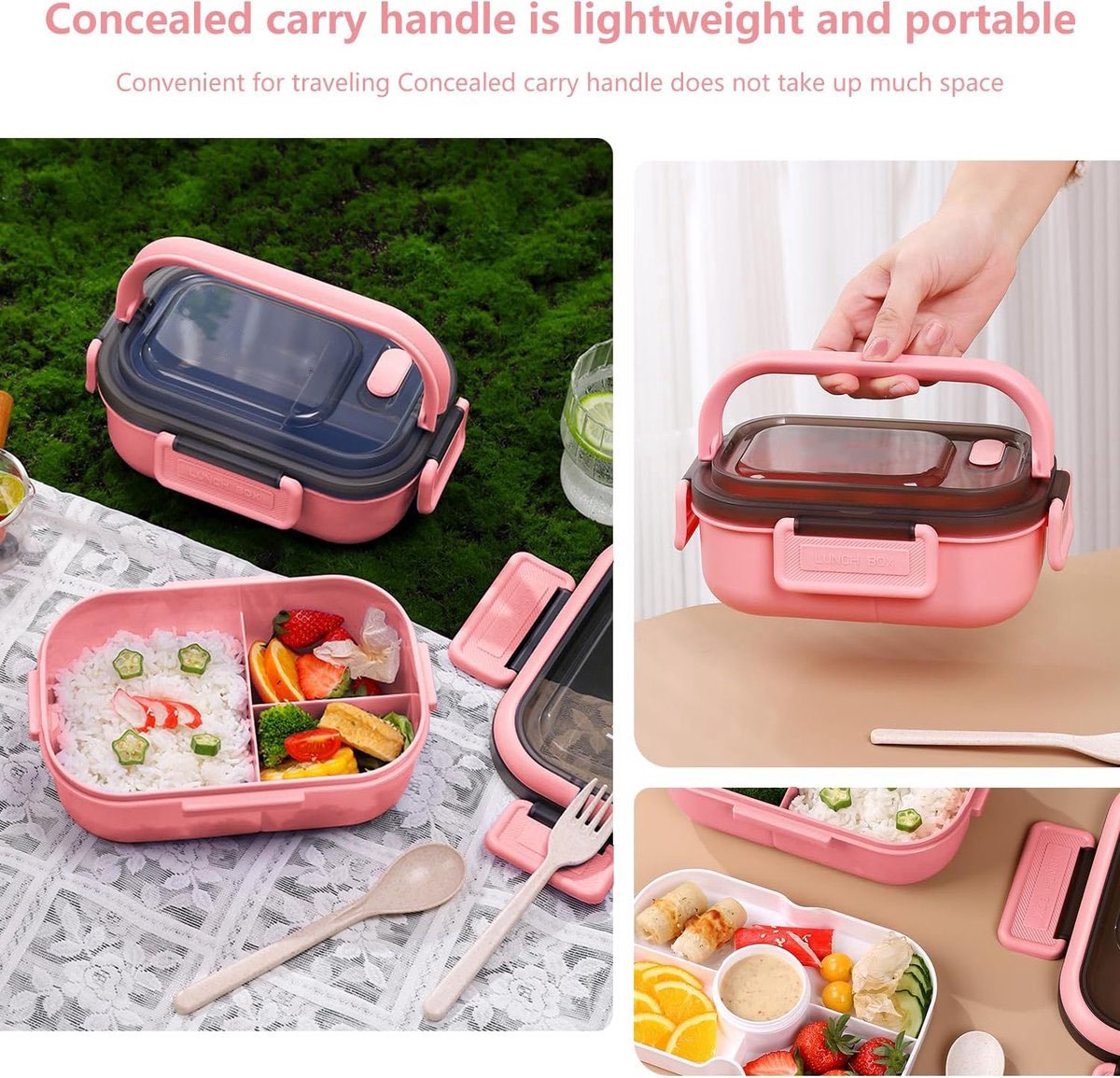 Lunch boxes - Lunch boxes - Adult lunch boxes - Children's lunch boxes - Lunch box with compartments and cutlery - Airtight - 1200 ml - Microwave safe - Ideal for salads - For children and adults - Picnic (pink) - Image 5