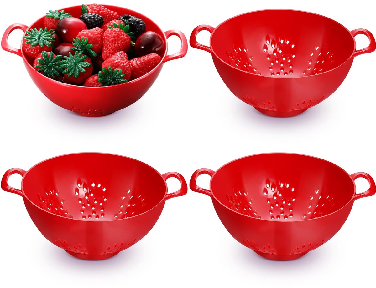 4-Piece Vegetable Basket - Drainer - Kitchen Colander - Plastic Berry Strainer - Colander Basket - with Double Handles - Small Colander - for Fruits, Vegetables and Food - Kitchen Accessories - Red - 19 x 14.8 x 7.5 cm