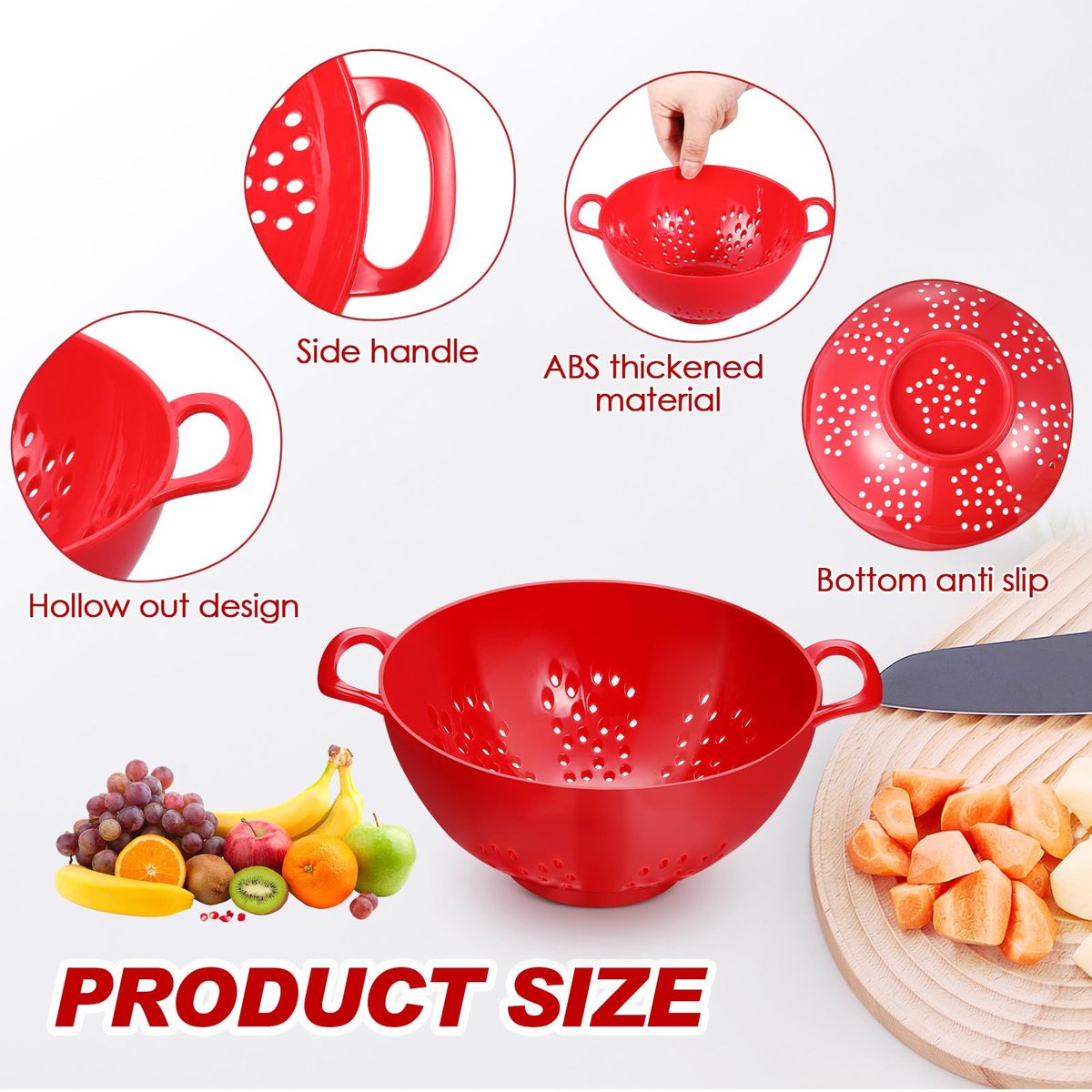 4-Piece Vegetable Basket - Drainer - Kitchen Colander - Plastic Berry Strainer - Colander Basket - with Double Handles - Small Colander - for Fruits, Vegetables and Food - Kitchen Accessories - Red - 19 x 14.8 x 7.5 cm - Image 3