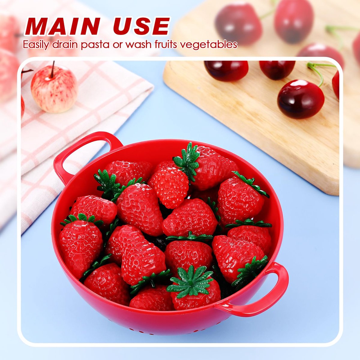 4-Piece Vegetable Basket - Drainer - Kitchen Colander - Plastic Berry Strainer - Colander Basket - with Double Handles - Small Colander - for Fruits, Vegetables and Food - Kitchen Accessories - Red - 19 x 14.8 x 7.5 cm - Image 5