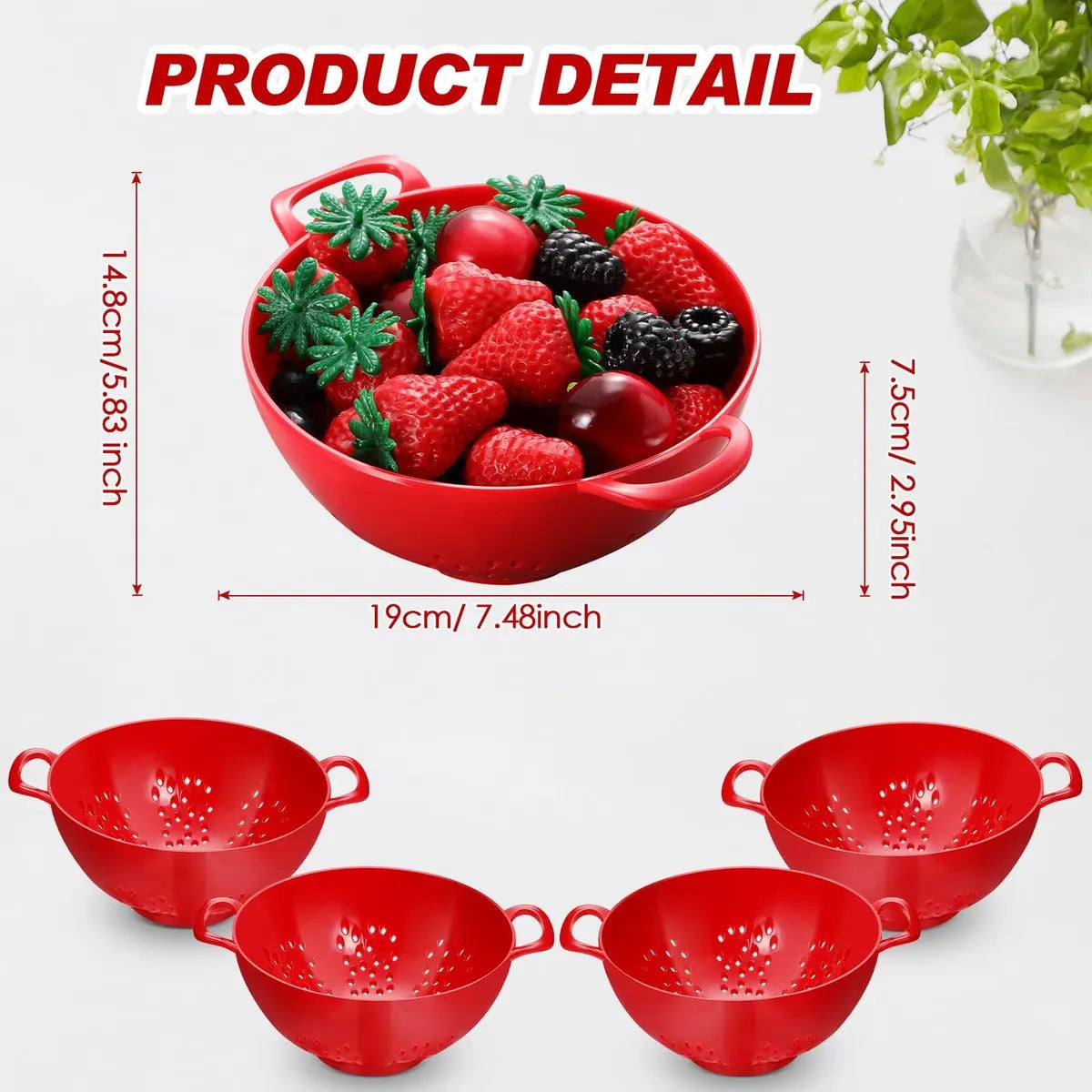 4-Piece Vegetable Basket - Drainer - Kitchen Colander - Plastic Berry Strainer - Colander Basket - with Double Handles - Small Colander - for Fruits, Vegetables and Food - Kitchen Accessories - Red - 19 x 14.8 x 7.5 cm - Image 6