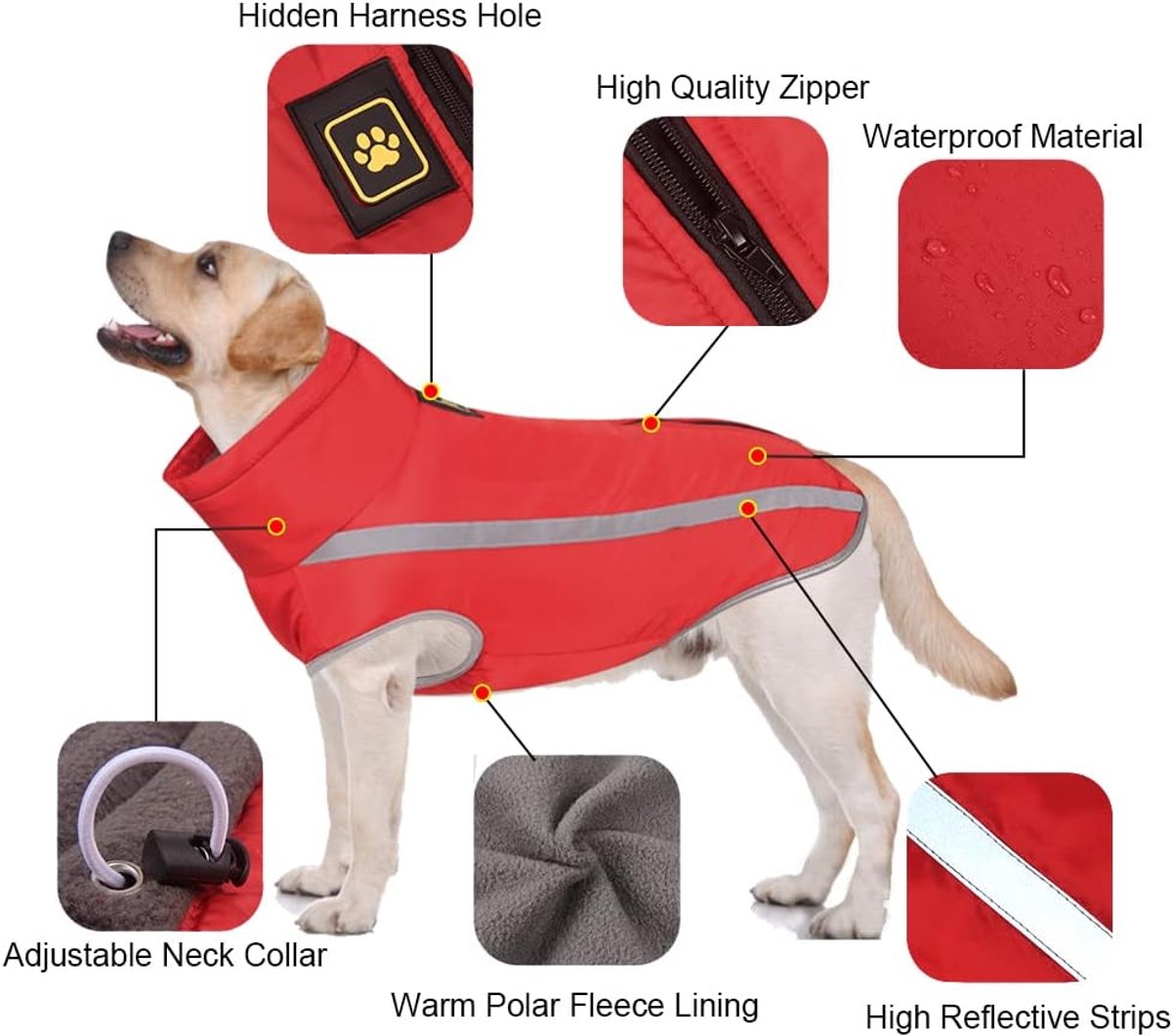 Dog Coat - Waterproof and Warm for Winter - Warm Dog Jacket - Windproof Fleece for Puppies - Reflective Outerwear - Cold Weather Vest - Perfect for Small, Medium, and Large Dogs - Red - Size 4XL - Image 5