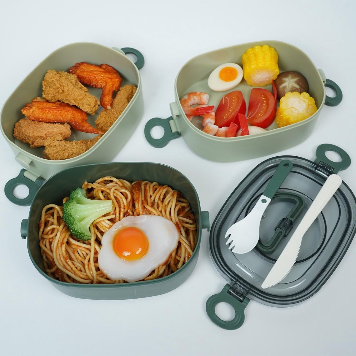 Lunch Box - Bento Box with Cutlery - 3-Layer 2000ml Lunch Box - Insulated Lunch Box for Adults and Children, Picnics, Work, School - Vegetables - Image 2