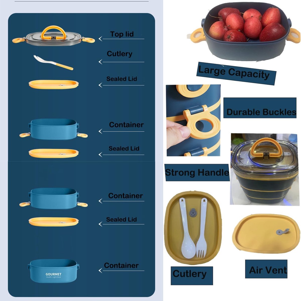Lunch Box - Bento Box with Cutlery - 3-Layer 2000ml Lunch Box - Insulated Lunch Box for Adults and Children, Picnics, Work, School - Vegetables - Image 4