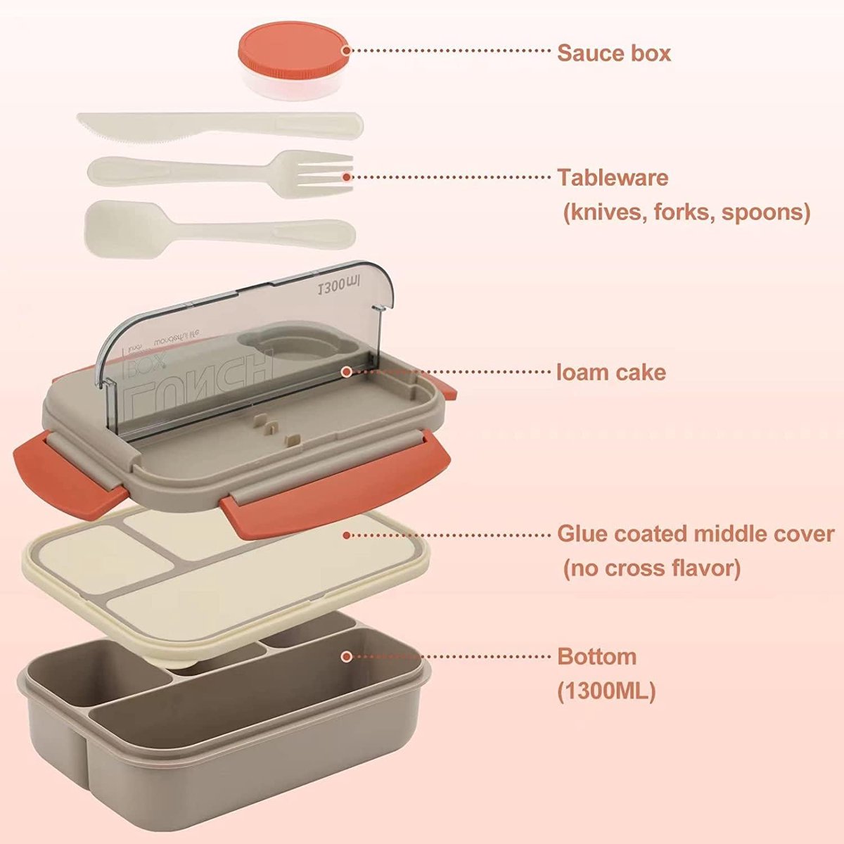 Lunch boxes - Lunch box - Adult lunch box - Children's lunch box - 1300 ml stackable for adults - Leakproof container with compartments - 4-in-1 lunch box, gravy boat and cutlery - Microwave and dishwasher safe (beige) - Image 2