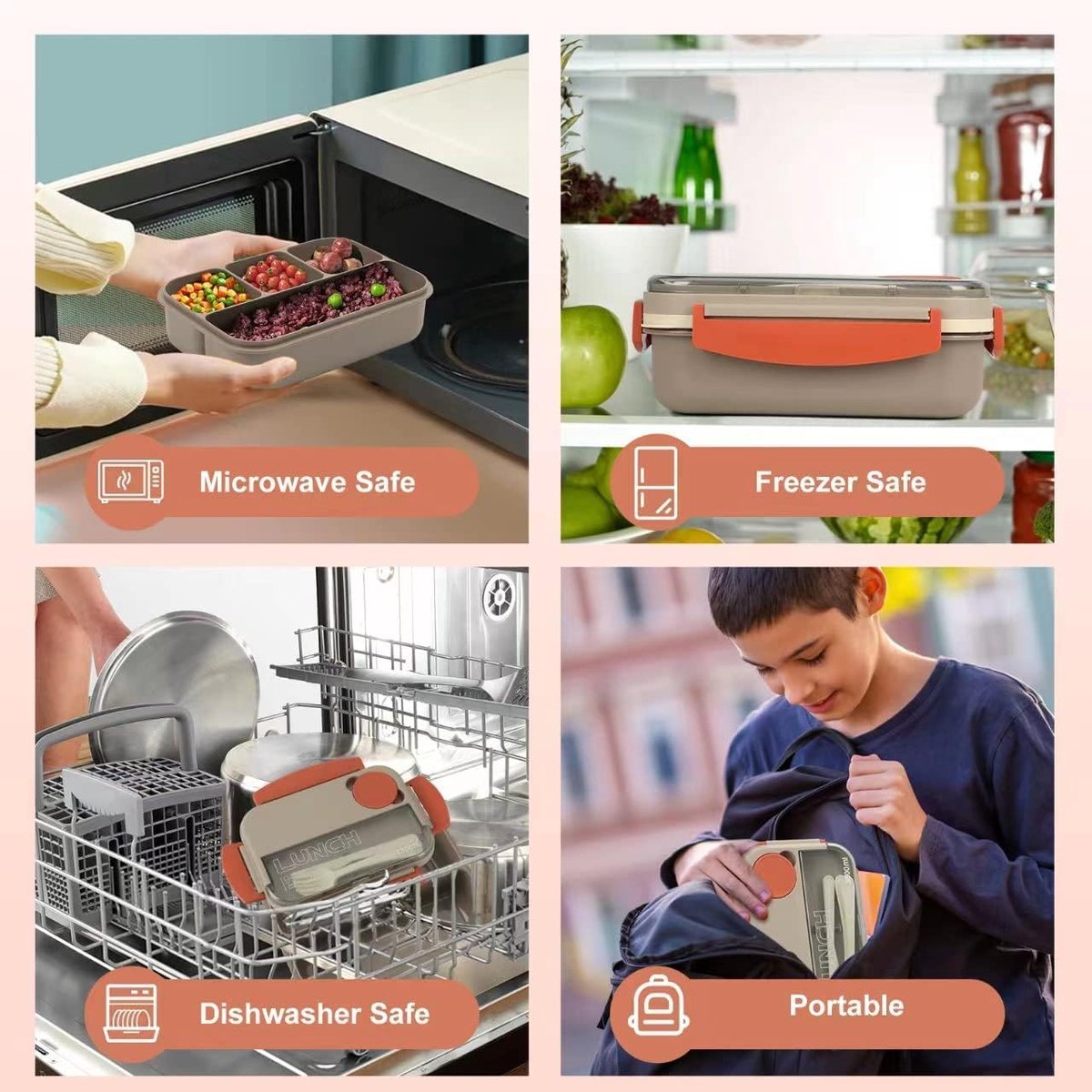 Lunch boxes - Lunch box - Adult lunch box - Children's lunch box - 1300 ml stackable for adults - Leakproof container with compartments - 4-in-1 lunch box, gravy boat and cutlery - Microwave and dishwasher safe (beige) - Image 3