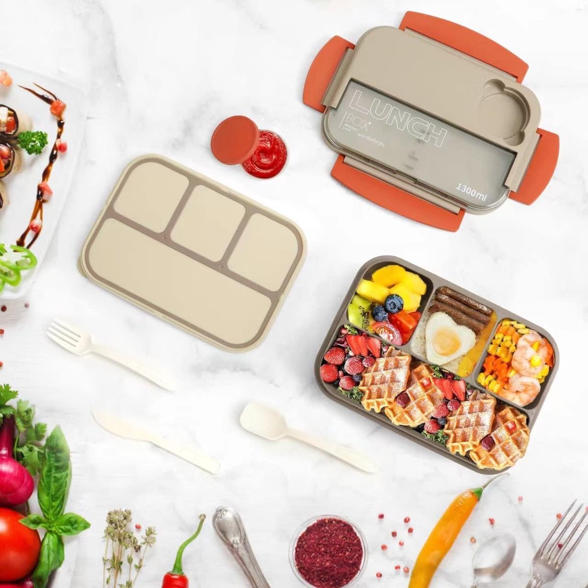 Lunch boxes - Lunch box - Adult lunch box - Children's lunch box - 1300 ml stackable for adults - Leakproof container with compartments - 4-in-1 lunch box, gravy boat and cutlery - Microwave and dishwasher safe (beige) - Image 4