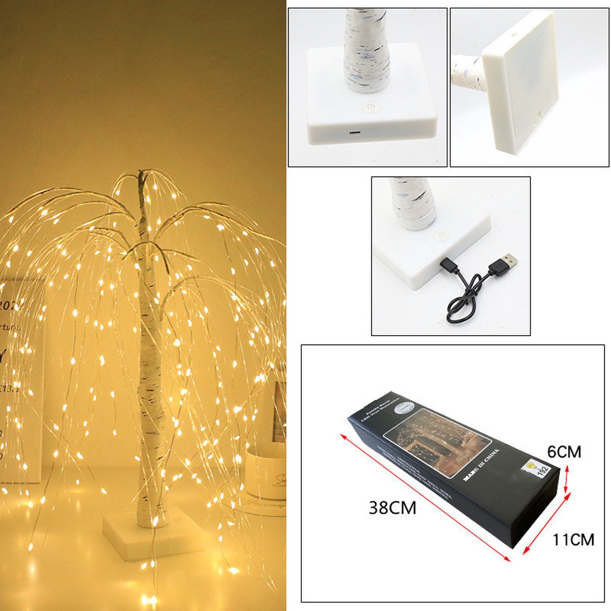 Elegant 50cm tall LED willow lamp with 7 modes - for living room and bedroom - Dual Power (USB and battery), warm white ambient light, Design - white - Image 3