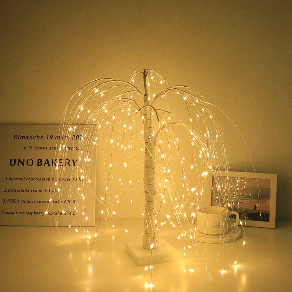 Elegant 50cm tall LED willow lamp with 7 modes - for living room and bedroom - Dual Power (USB and battery), warm white ambient light, Design - white - Image 6