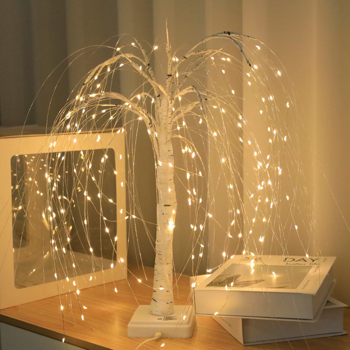 Elegant 50cm tall LED willow lamp with 7 modes - for living room and bedroom - Dual Power (USB and battery), warm white ambient light, Design - white - Image 7