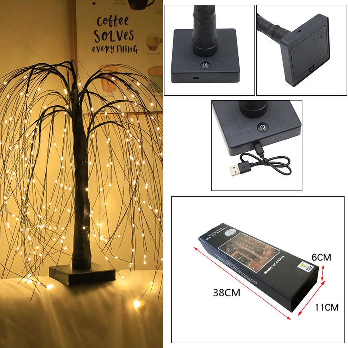 Elegant 50cm tall LED willow lamp with 7 modes - for living room and bedroom - Dual Power (USB and battery), warm white ambient light, energy-saving and versatile design - black - Image 4