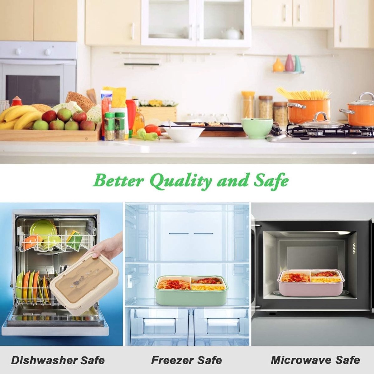 Lunch box, bento box, 3-compartment lunch box with cutlery, leakproof lunch box, freezer safe, dishwasher safe, microwave safe, lunch box for school, work, picnics and travel (green) - Image 3