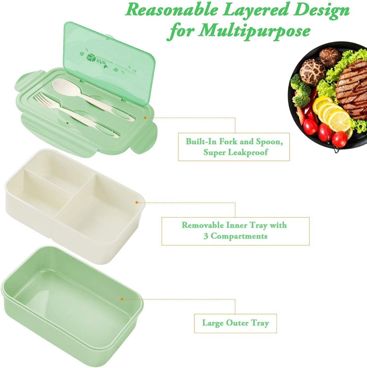 Lunch box, bento box, 3-compartment lunch box with cutlery, leakproof lunch box, freezer safe, dishwasher safe, microwave safe, lunch box for school, work, picnics and travel (green) - Image 4