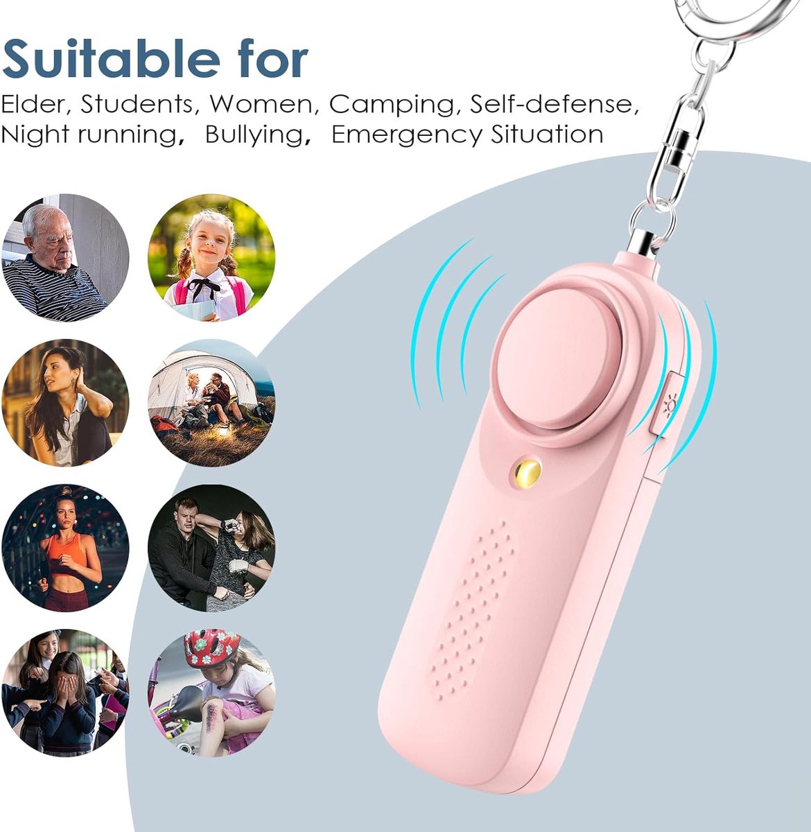 Personal alarm - 130 dB - Security siren - Self-defense siren - With LED light-up keychain - For children, women, students and seniors (pink) - Image 2