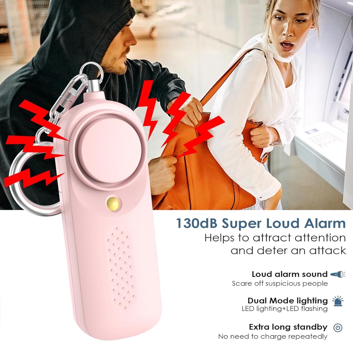Personal alarm - 130 dB - Security siren - Self-defense siren - With LED light-up keychain - For children, women, students and seniors (pink) - Image 3