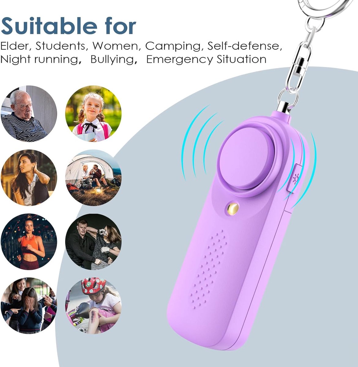 Personal Alarm - 130 dB - Security Siren - Self-Defense Siren - With LED Light-Up Keyring - For Children, Women, Students and Seniors (Purple) - Image 2