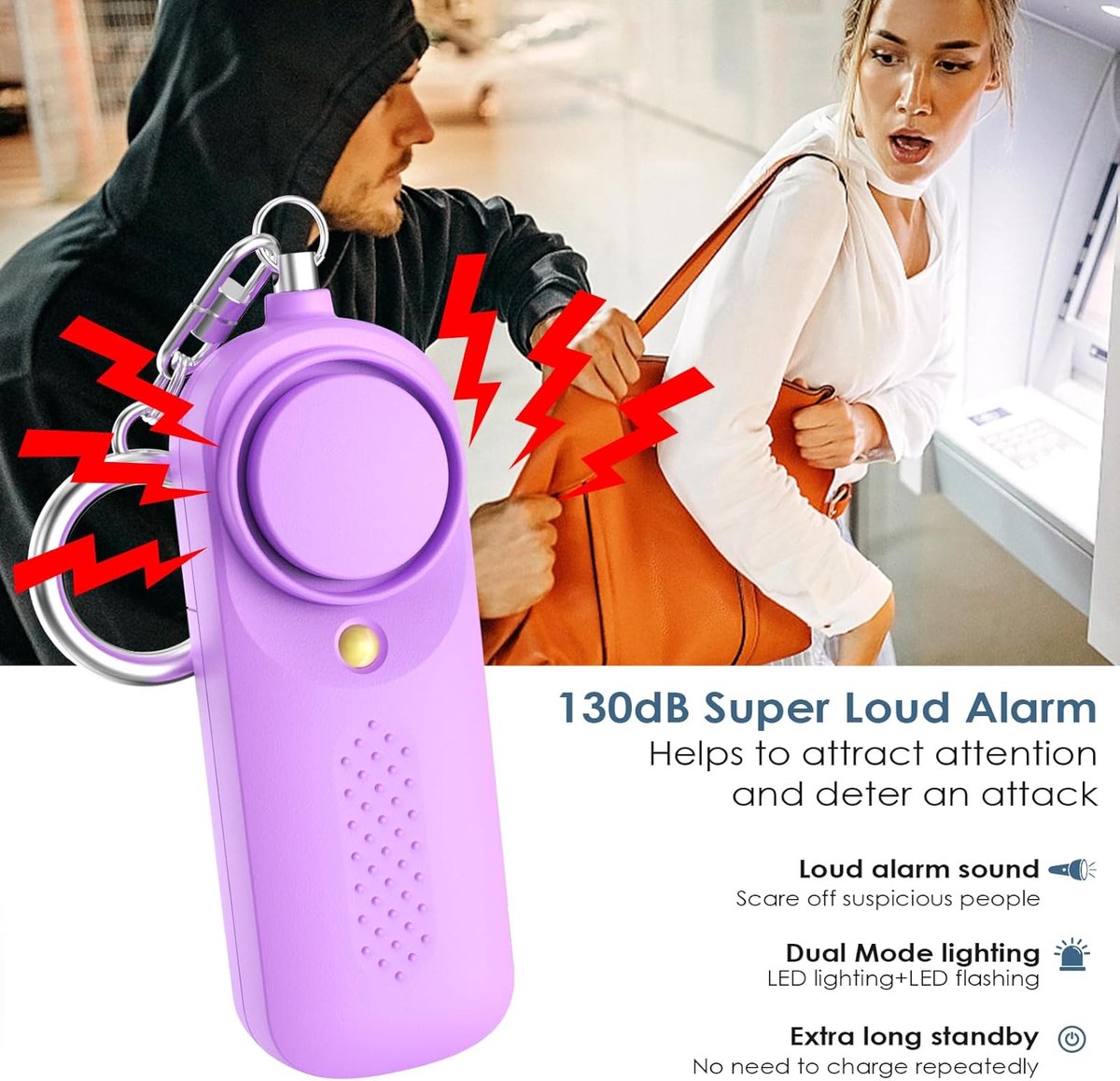 Personal Alarm - 130 dB - Security Siren - Self-Defense Siren - With LED Light-Up Keyring - For Children, Women, Students and Seniors (Purple) - Image 3